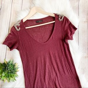Zara Maroon Embellished Shoulder Linen Top